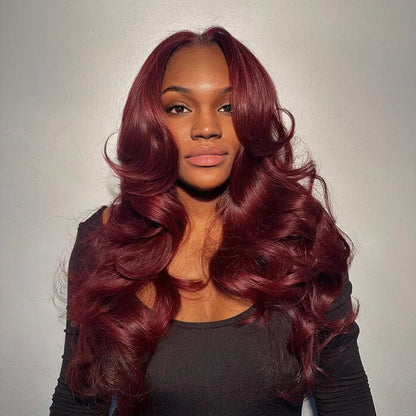 Medium Length Body Wave Pre-Bleached Knots 99J Burgundy/#4 Chocolate Brown/Highlight Piano Pre-cut Glueless Lace 5x5 Closure Wigs With Curtain Bangs Human Layered Hair Wigs