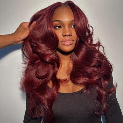 Medium Length Body Wave Pre-Bleached Knots 99J Burgundy/#4 Chocolate Brown/Highlight Piano Pre-cut Glueless Lace 5x5 Closure Wigs With Curtain Bangs Human Layered Hair Wigs