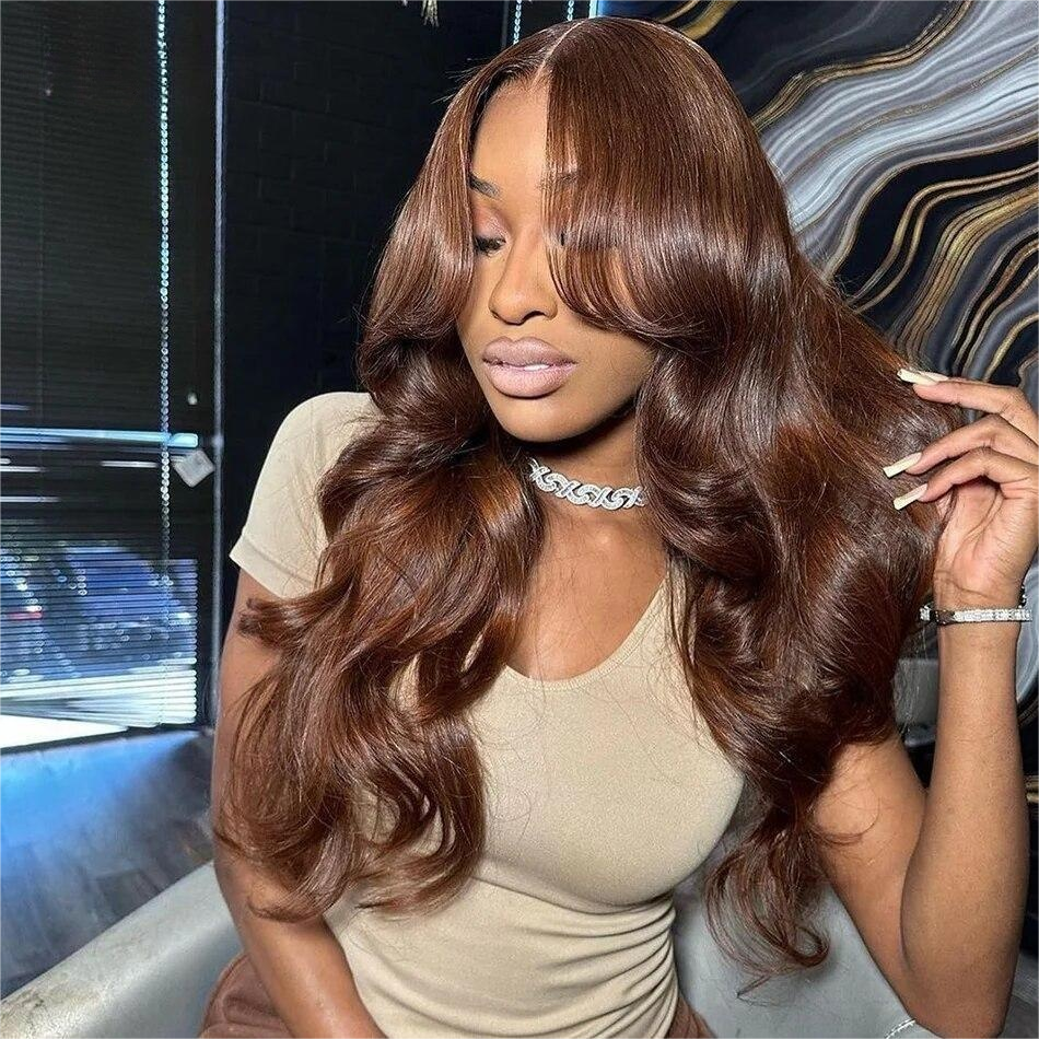 Medium Length Body Wave Pre-Bleached Knots 99J Burgundy/#4 Chocolate Brown/Highlight Piano Pre-cut Glueless Lace 5x5 Closure Wigs With Curtain Bangs Human Layered Hair Wigs