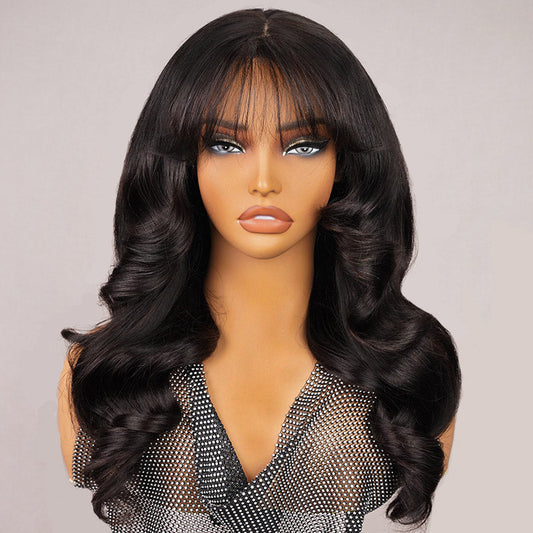 Medium Length Body Wave Pre-Bleached Knots 99J Burgundy/#4 Chocolate Brown/Highlight Piano Pre-cut Glueless Lace 5x5 Closure Wigs With Curtain Bangs Human Layered Hair Wigs