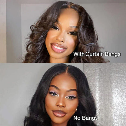 Medium Length Body Wave Pre-Bleached Knots 99J Burgundy/#4 Chocolate Brown/Highlight Piano Pre-cut Glueless Lace 5x5 Closure Wigs With Curtain Bangs Human Layered Hair Wigs