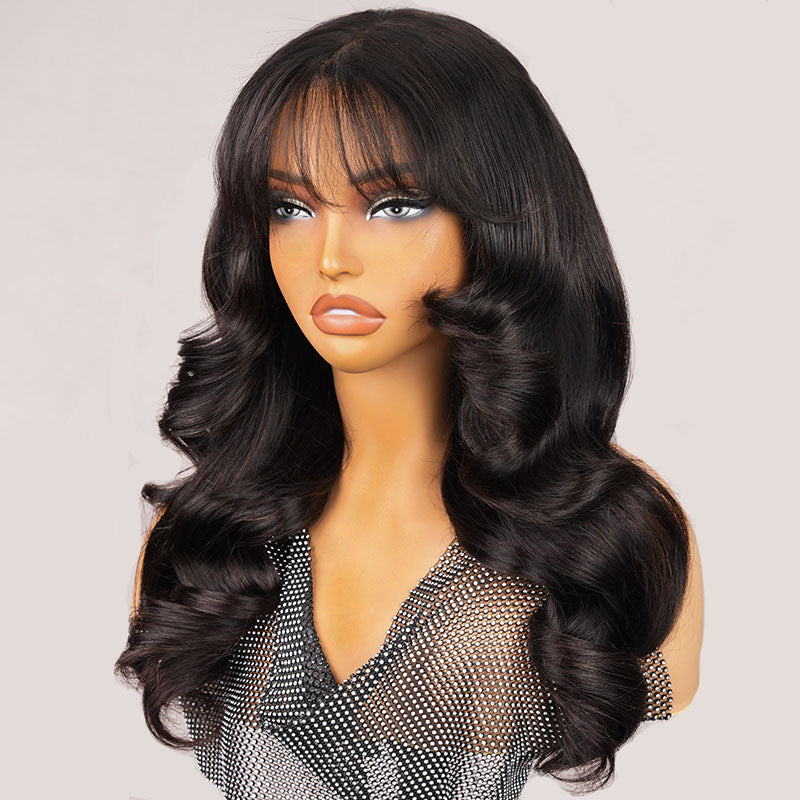 Medium Length Body Wave Pre-Bleached Knots 99J Burgundy/#4 Chocolate Brown/Highlight Piano Pre-cut Glueless Lace 5x5 Closure Wigs With Curtain Bangs Human Layered Hair Wigs