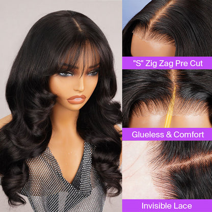 Medium Length Body Wave Pre-Bleached Knots 99J Burgundy/#4 Chocolate Brown/Highlight Piano Pre-cut Glueless Lace 5x5 Closure Wigs With Curtain Bangs Human Layered Hair Wigs