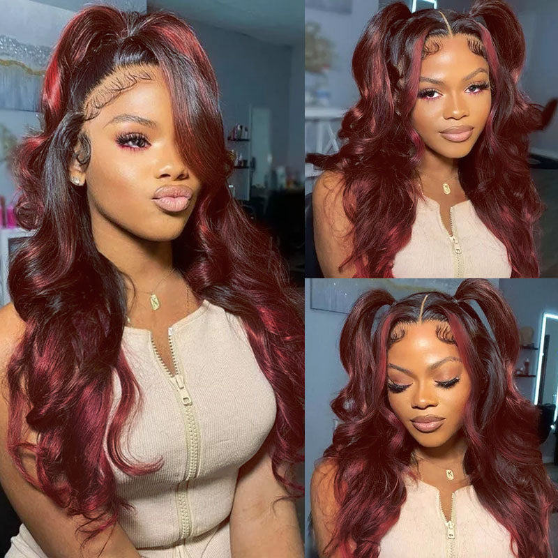 13x4 Lace Front Wigs With Red Highlights Loose Body Wave Red Balayage On Dark Hair Frontal Wigs-Human hair wig-Chic Luxe Hair