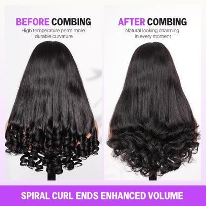 13x6 Three-Go™ Glueless Wig Straight Hair With Spiral Curly Ends With Drawstring Hold Curls Well With Spiral Curls