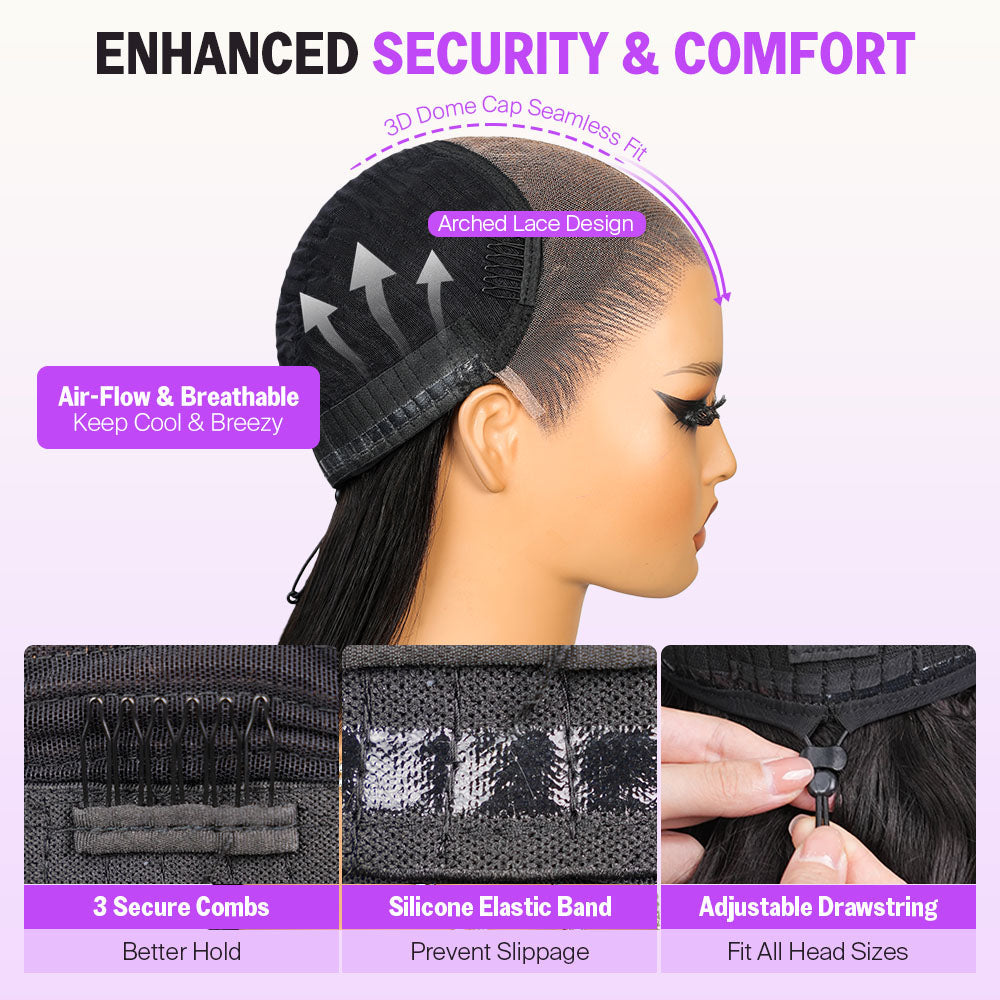 13x6 Three-Go™ Glueless Wig Straight Hair With Spiral Curly Ends With Drawstring Hold Curls Well With Spiral Curls