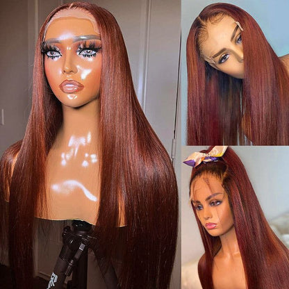 New #33 Red Brown Auburn Color Straight Human Hair Wig HD Lace 13X4 Lace Frontal Wigs