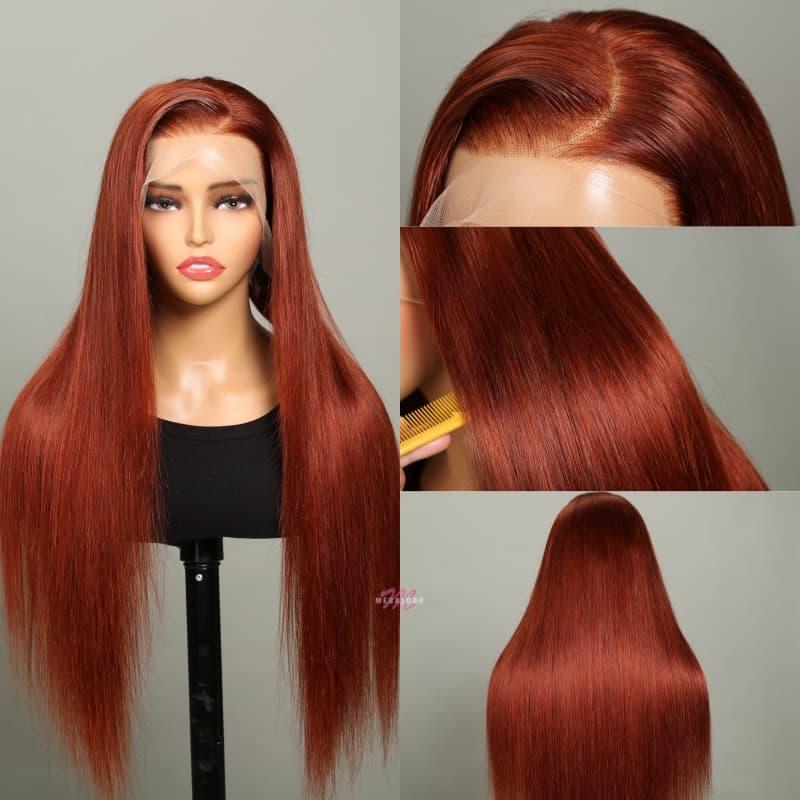 Luxury virgin human hair wig, glueless lace front, pre-styled straight auburn red, ready to slay