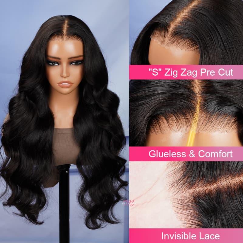 Glueless human hair wig with S-zig zag pre-cut lace, invisible part, and natural body waves for comfort and style