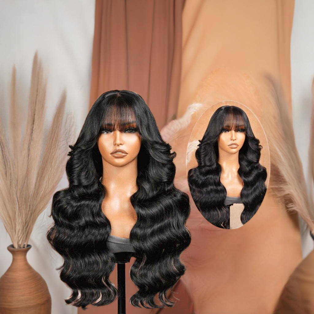 Human Hair Wigs Customised Glueless Wavy Full Density Lace Front Wig With Bangs