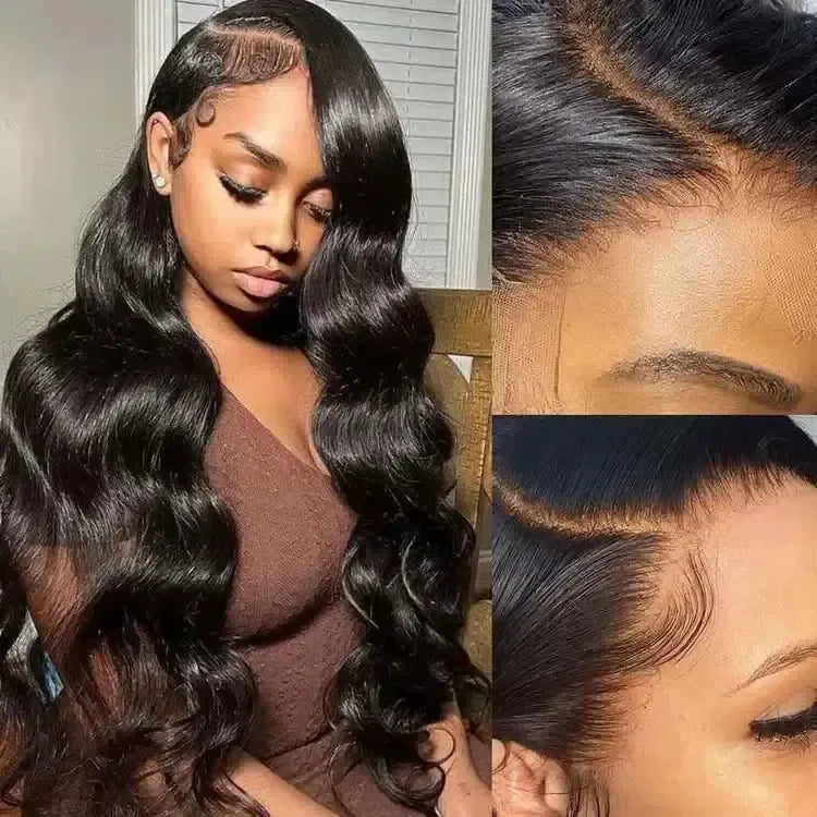 Luxury virgin human hair wig with glueless lace front, natural waves, and seamless scalp detail for effortless style