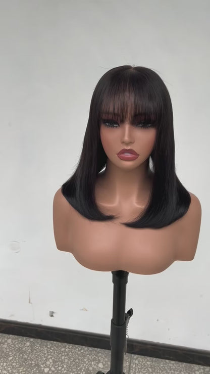 Short Bob With Bangs Human Hair Ready To Go Glueless Lace Front Wig