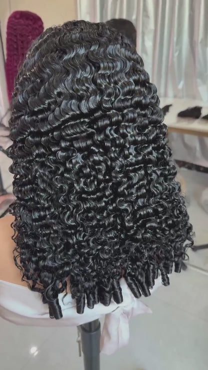 Burmese Glueless Pre Styled Ready To Wear Curly Human Hair Lace Front Wig 250% Full Density Bouncy Curly