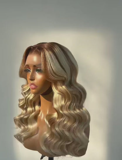 Raw Vietnamese Blonde Highlights With Dark Roots Wavy Curly Glueless Lace Front Ready To Wear Wig 300% Density Wig Lagos M-Hairline