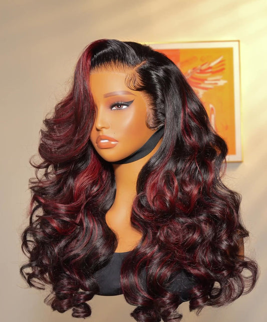 Single Donor Raw Vietnamese Human Hair Glueless Cherry Cola Red Highlight Layered Cut 250% Density Wig