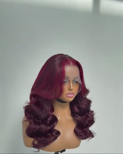 Chic Luxe Hair | Pre- Styled Glueless Ready To Wear Layered Cut M-Hairline 250% Density Bouncy Wavy Wig Burgundy | 100% Human Hair