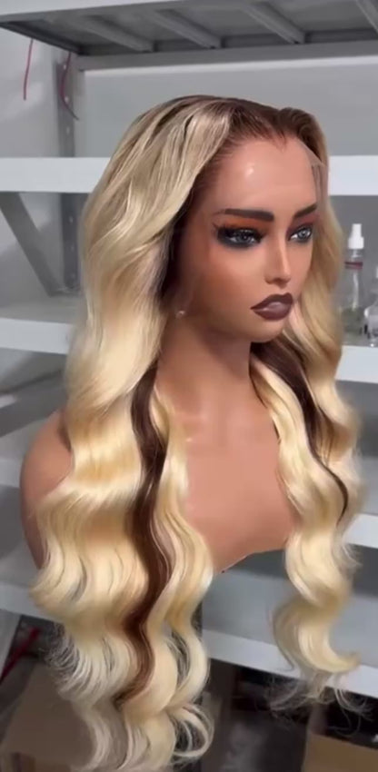 Lagos M Hairline Pre-Styled Ready To Wear Wavy Blonde With Dark Roots 250% Glueless Wig