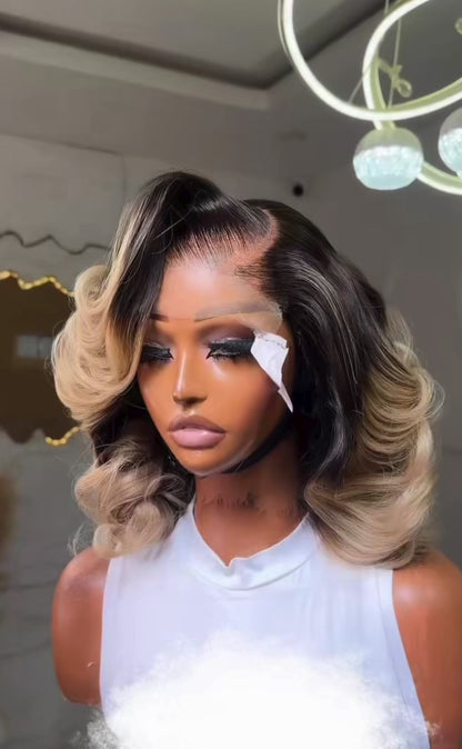 Raw Vietnamese Layered Cut Lace Front Glueless Bob Wig 1B Ombre Blonde 5*5 Lace Front With Natural Hairline 250% Density
