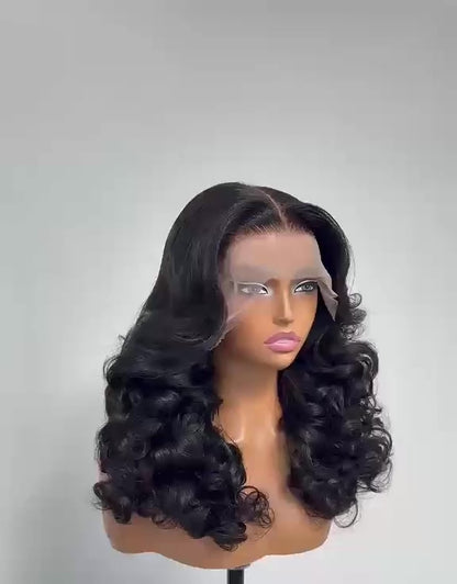 Pre Styled Layered Cut Bouncy Curly Human Hair Glueless 250% Full  Density Wig