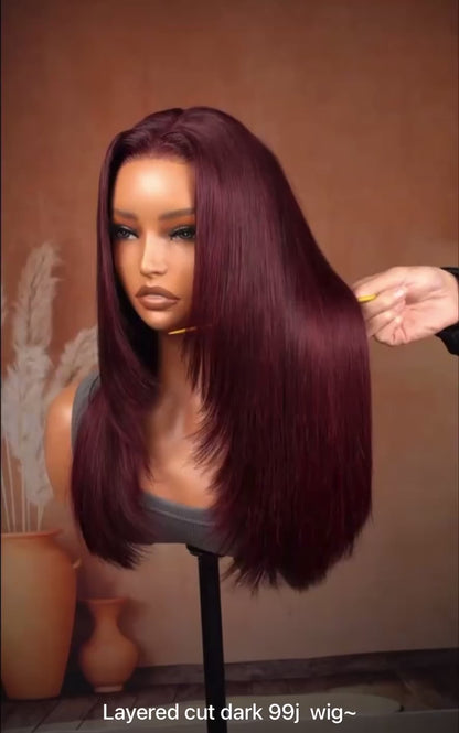 Chic Luxe Hair Glueless Layered Cut Bone Straight Dark 99J HD Lace Wig | 100% Human Hair