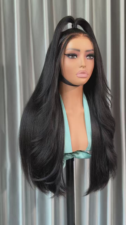 Pre Styled Ready To Wear Light Yaki Straight 5x7 Glueless Lace Wig Layered Style