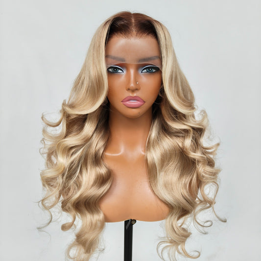 Chic Luxe Hair | Layered Cut Pre-Styled Pre-Everything M Hairline With Blonde Highlights 13x6 Glueless Wig | 300% Full Density | 100% Human Hair