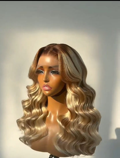 Raw Vietnamese Blonde Highlights With Dark Roots Wavy Curly Glueless Lace Front Ready To Wear Wig 300% Density Wig Lagos M-Hairline