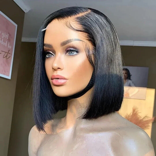 Human Hair Glueless Lace Front Straight Short Bob Wig