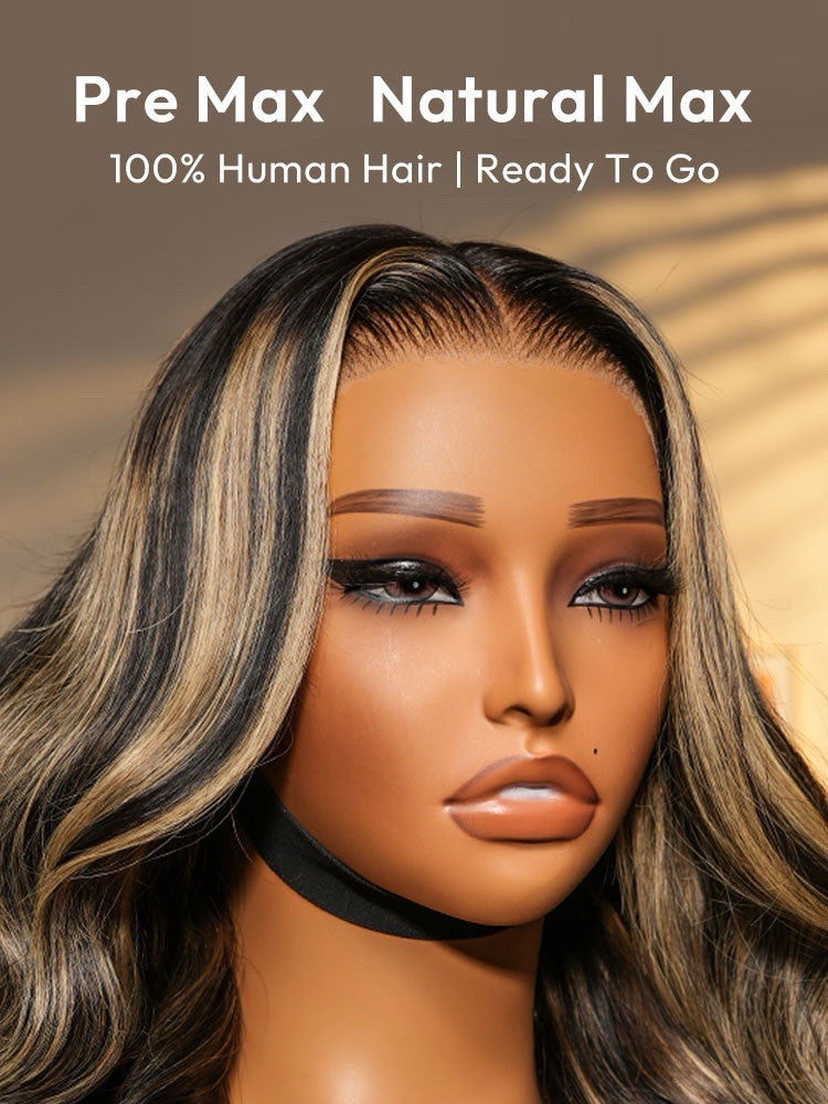 Human Hair Glueless Lace Front Highlight Balayage Piano 250% Density Wavy Wig