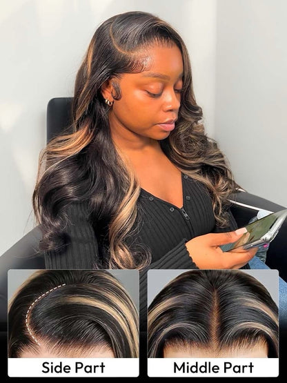 Human Hair Glueless Lace Front Highlight Balayage Piano 250% Density Wavy Wig