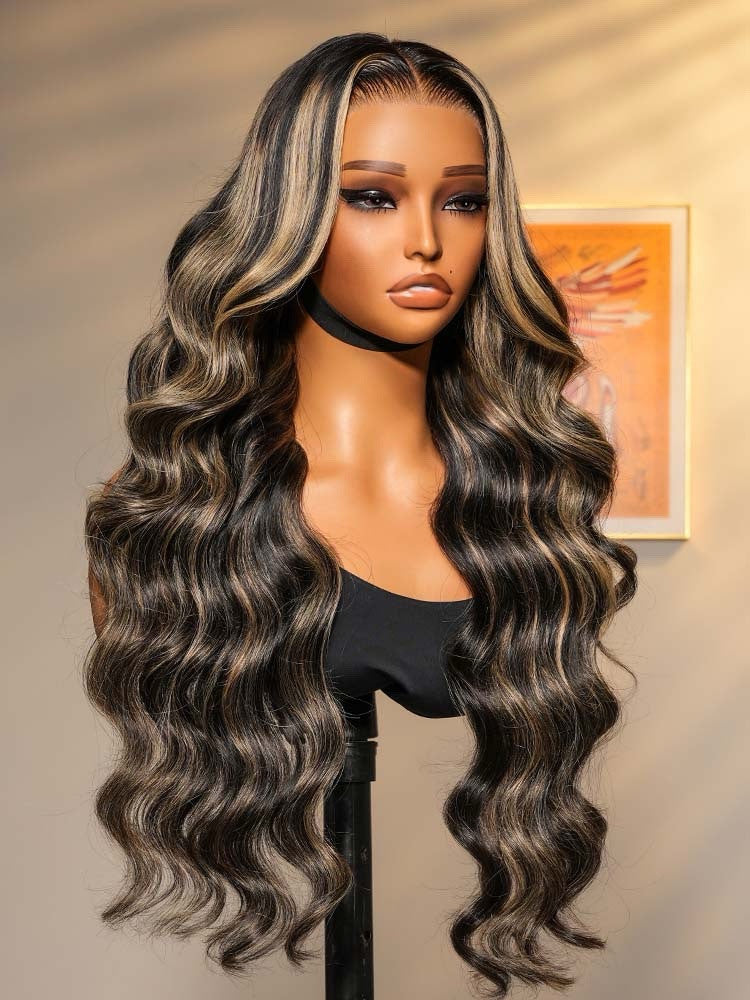 Human Hair Glueless Lace Front Highlight Balayage Piano 250% Density Wavy Wig
