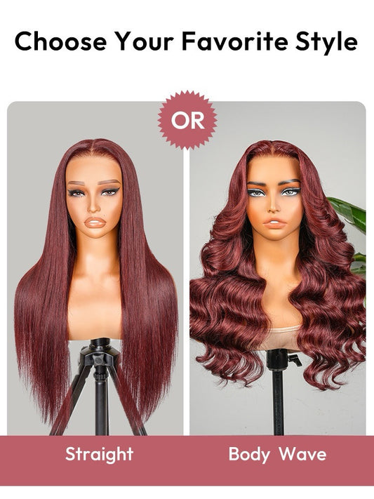 Human Hair Glueless Pre Styled Cherry Cola Straight Wavy 250% Density Wig
