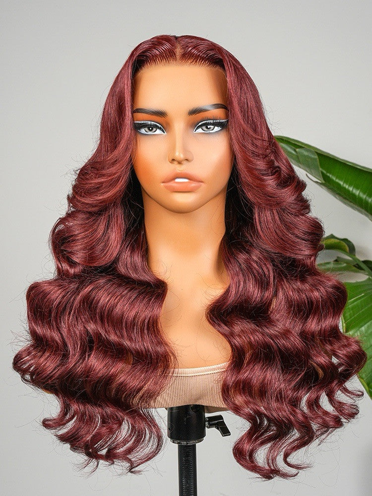Human Hair Glueless Pre Styled Cherry Cola Straight Wavy 250% Density Wig