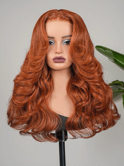 Human Hair Glueless Ready To Wear Layered Cut 250% Density  Wavy Wig Orange