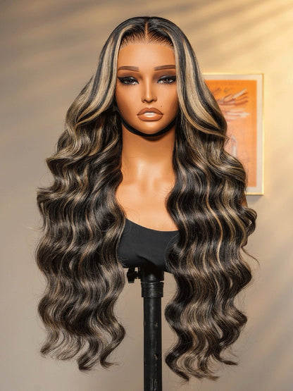 Human Hair Glueless Lace Front Highlight Balayage Piano 250% Density Wavy Wig