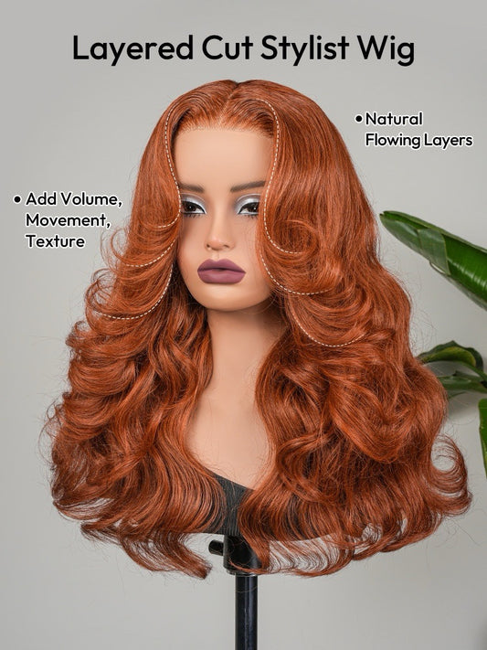 Human Hair Glueless Ready To Wear Layered Cut 250% Density  Wavy Wig Orange