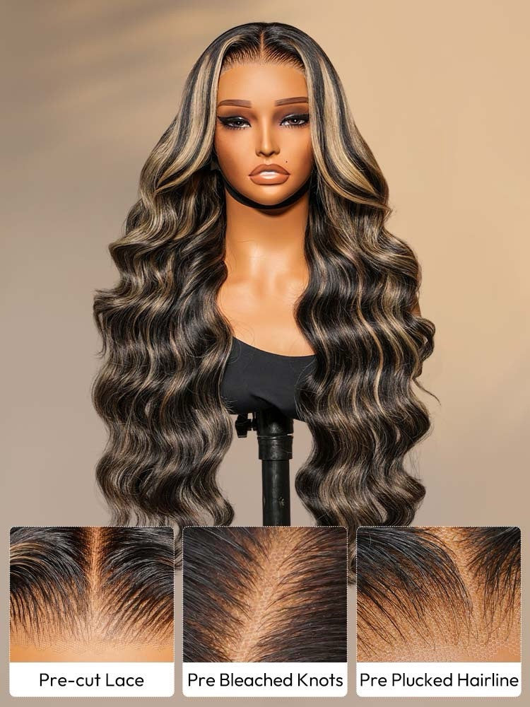 Human Hair Glueless Lace Front Highlight Balayage Piano 250% Density Wavy Wig
