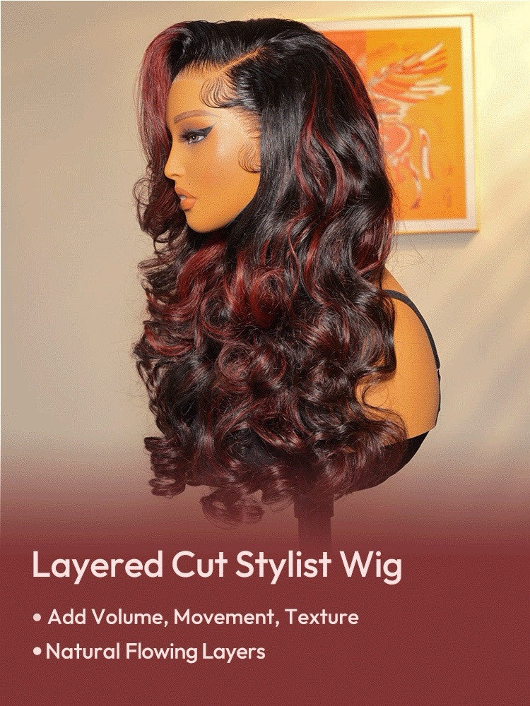 Human Hair Glueless Cherry Cola Red Highlight Layered Cut 250% Density Wig