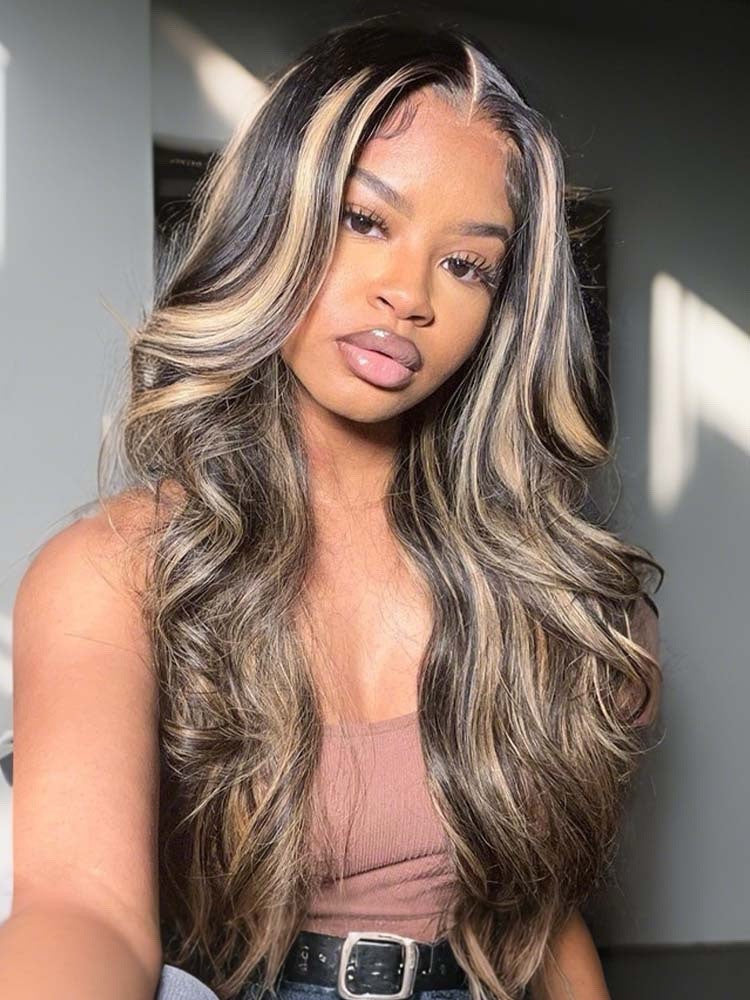 Human Hair Glueless Lace Front Highlight Balayage Piano 250% Density Wavy Wig
