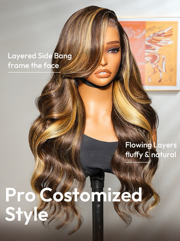 Human Hair Glueless Lace Front Pre Styled Honey Blonde Wavy 250% Density Wig