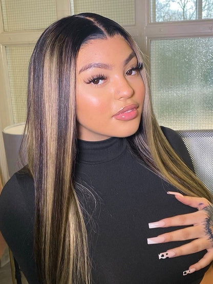 Human Hair Glueless Lace Front Highlight Balayage Piano 250% Density Wig
