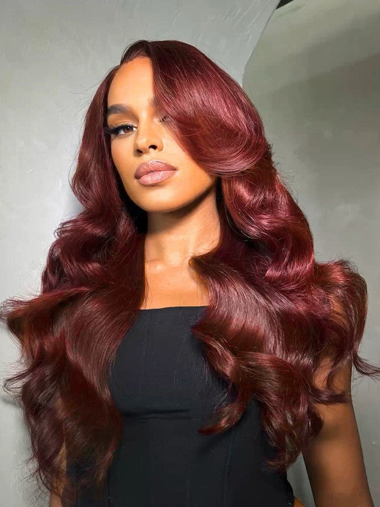 Human Hair Glueless Pre Styled Cherry Cola Straight Wavy 250% Density Wig