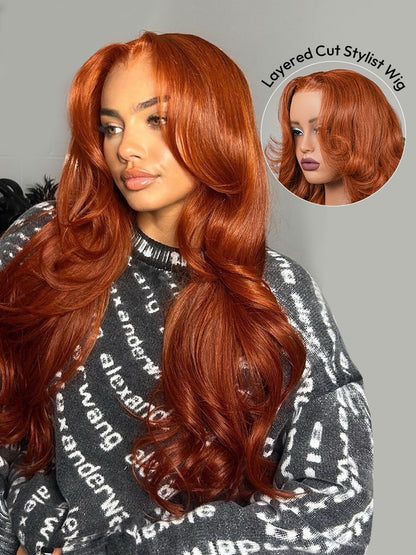 Human Hair Glueless Ready To Wear Layered Cut 250% Density  Wavy Wig Orange