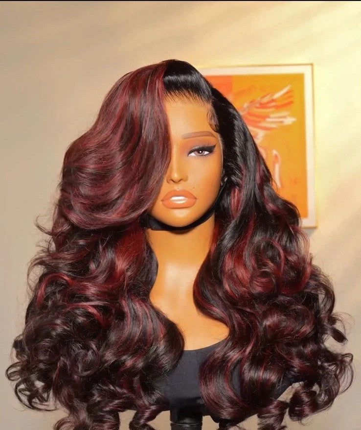 Human Hair Glueless Cherry Cola Red Highlight Layered Cut 250% Density Wig