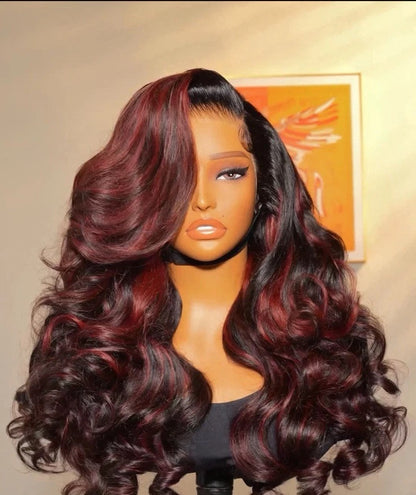 Human Hair Glueless Cherry Cola Red Highlight Layered Cut 250% Density Wig