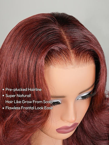 Human Hair Glueless Pre Styled Cherry Cola Red Wavy 250% Density Wig
