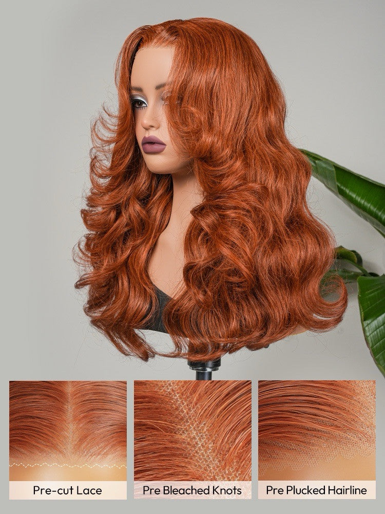 Human Hair Glueless Ready To Wear Layered Cut 250% Density  Wavy Wig Orange
