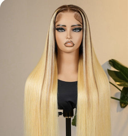 Human Hair Glueless Blonde Ombré Ready To  Wear 250% Full Density Straight Wig