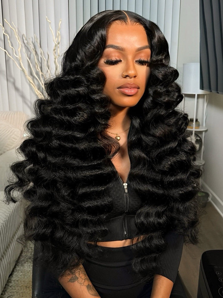 Human Hair Glueless Lace Front Pre Styled Loose Wave Wand Curl 250% Density Wig
