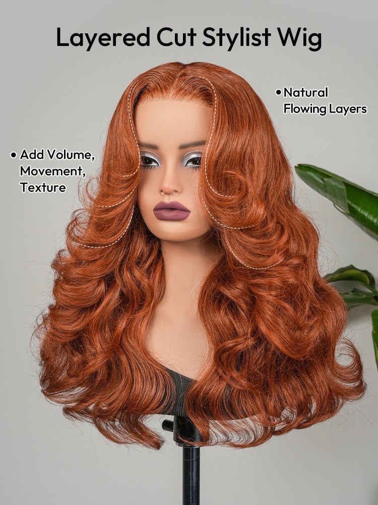 Human Hair Glueless Ready To Wear Layered Cut 250% Density  Wavy Wig Orange